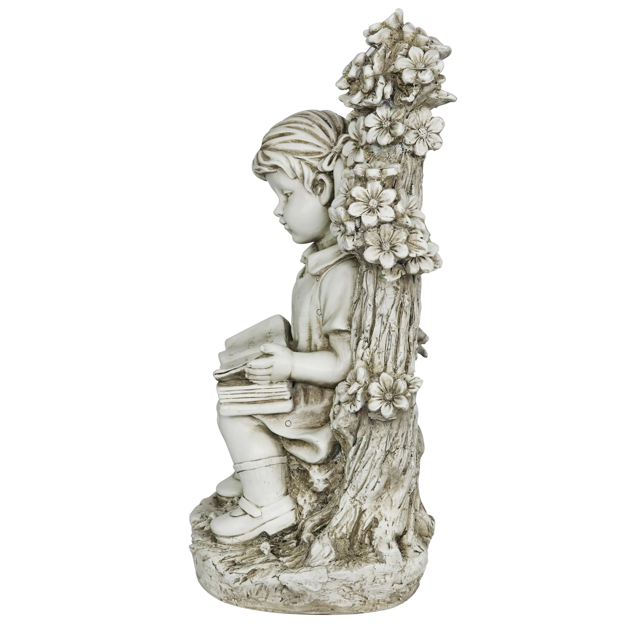 Solar Girl Reading Under a Tree Statue in Natural Resin Finish, 19 Inch