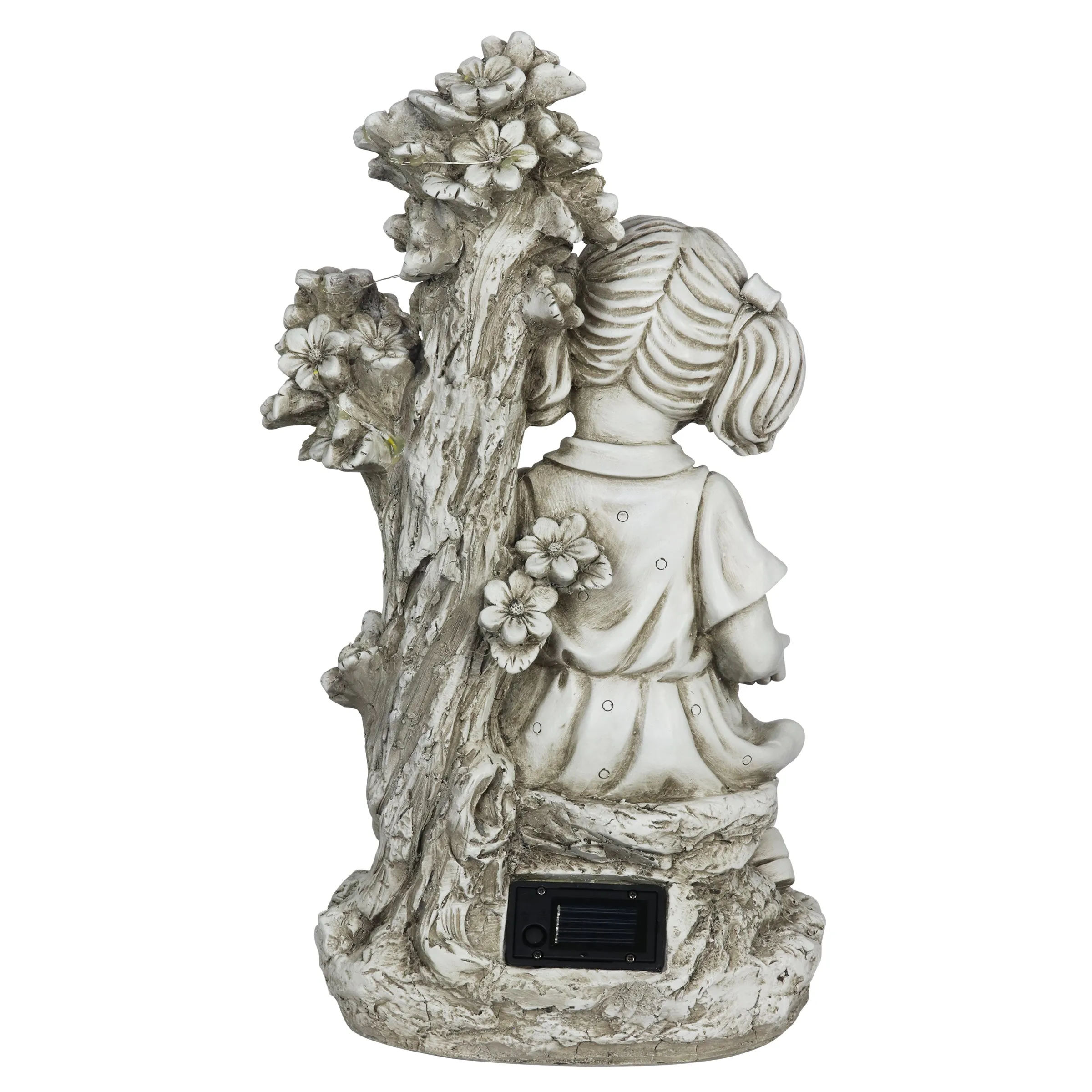 Solar Girl Reading Under a Tree Statue in Natural Resin Finish, 19 Inch