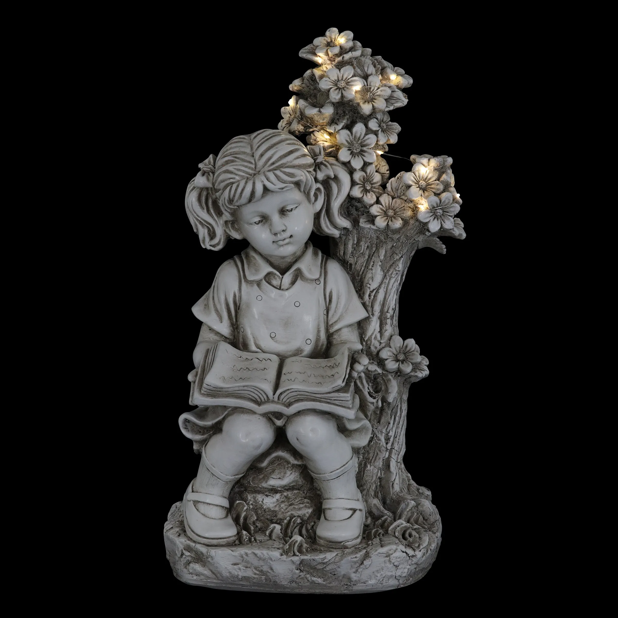 Solar Girl Reading Under a Tree Statue in Natural Resin Finish, 19 Inch