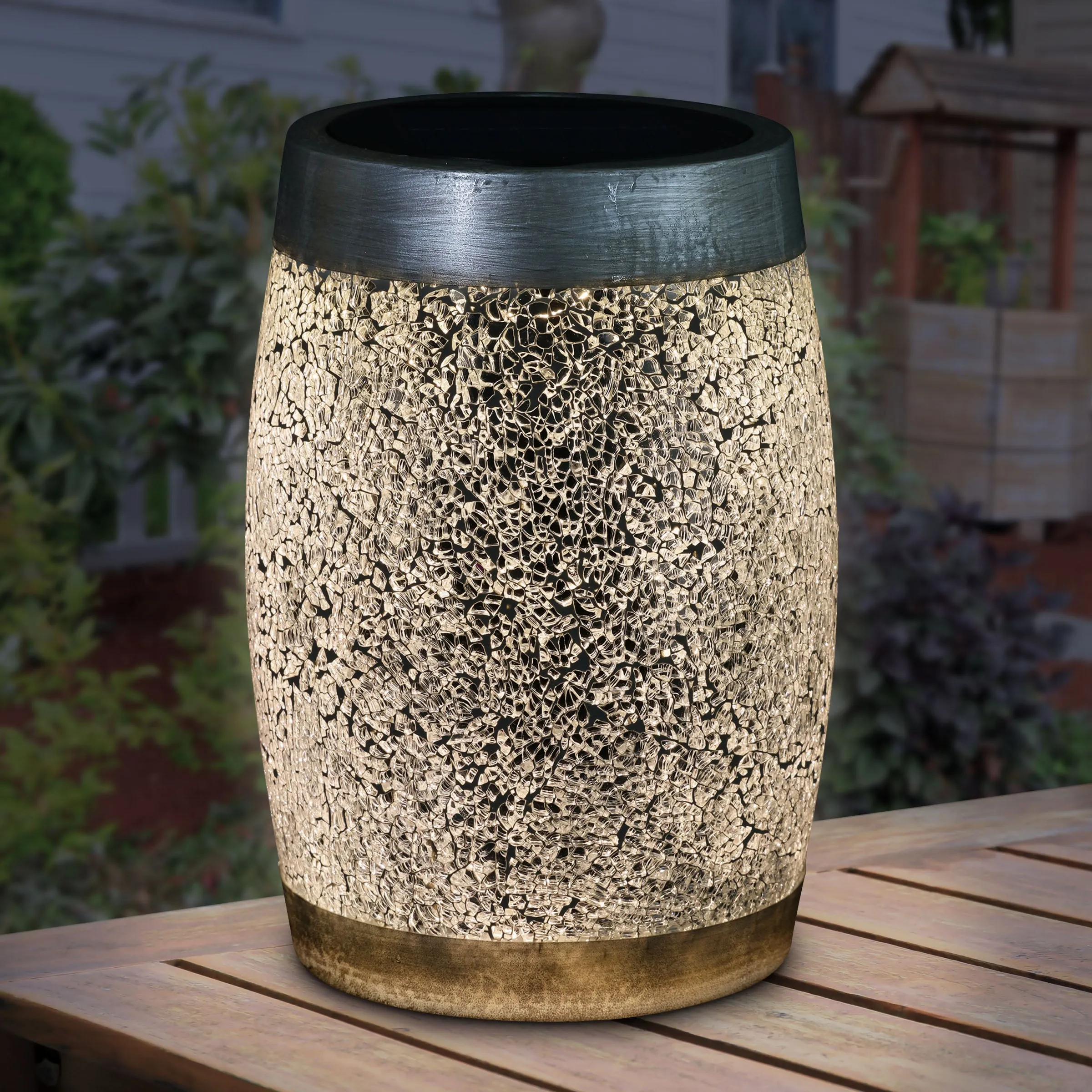 Solar Silver Glass and Resin Tabletop Lantern, 10 Inch