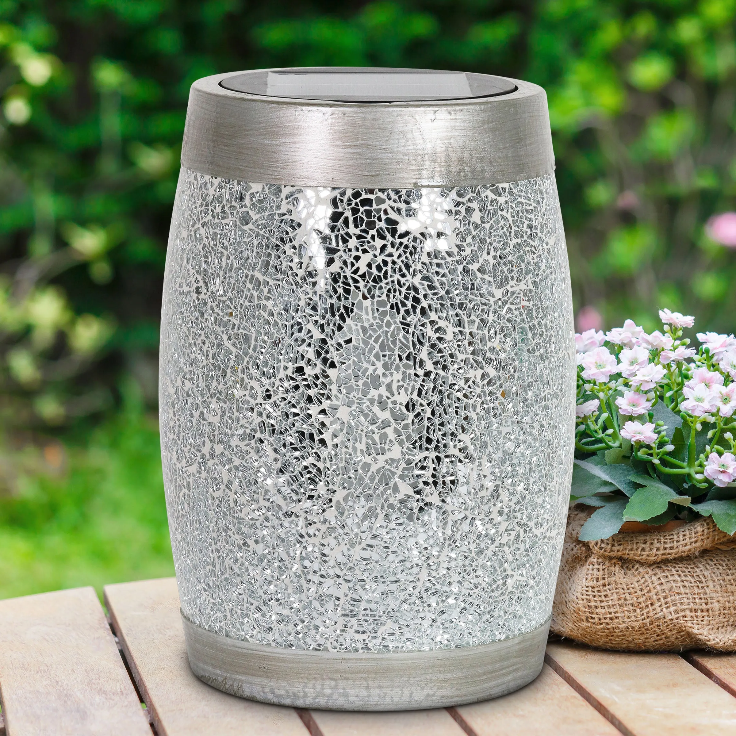 Solar Silver Glass and Resin Tabletop Lantern, 10 Inch