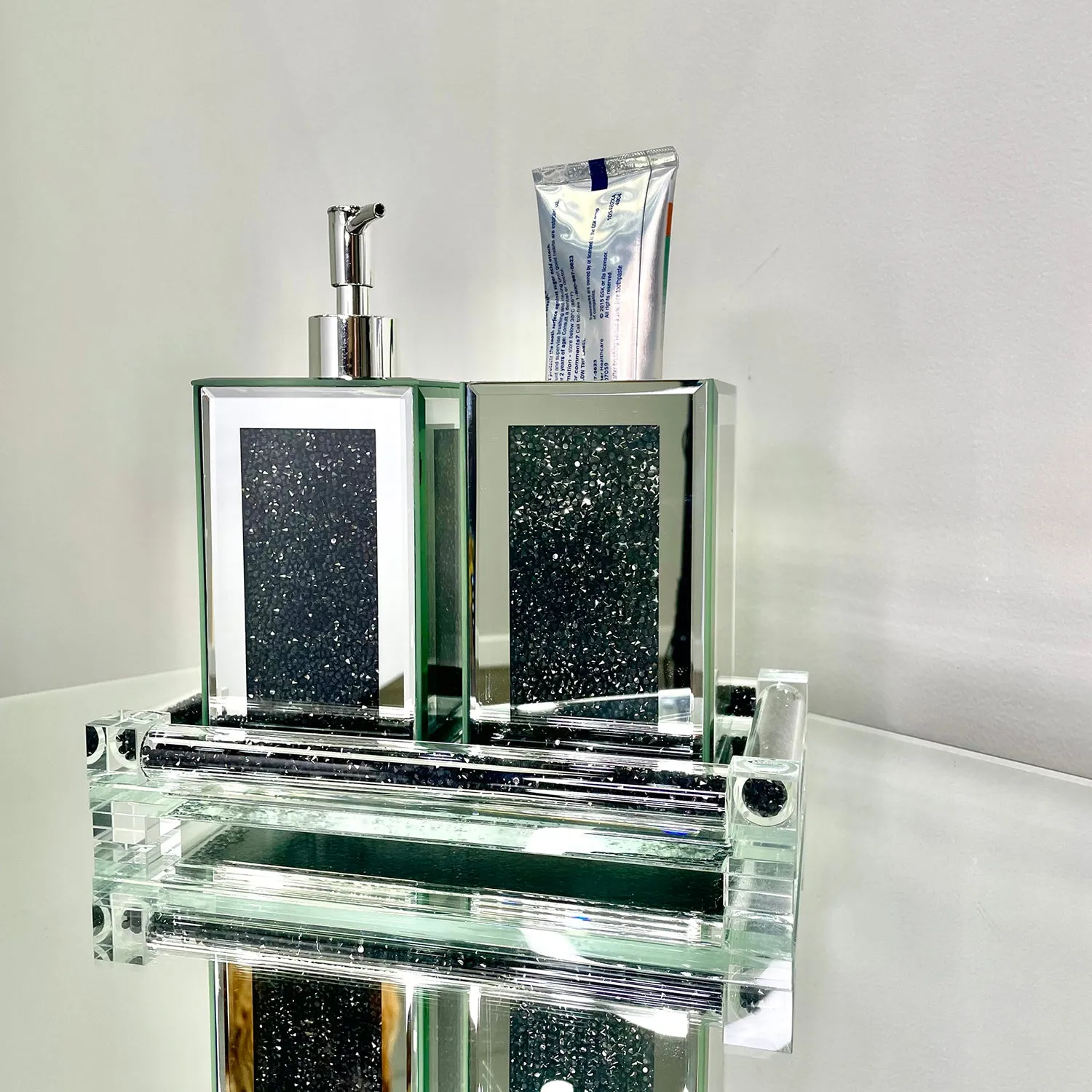 Square Soap Dispenser and Toothbrush Holder with Tray, Black Crushed Diamond Glass