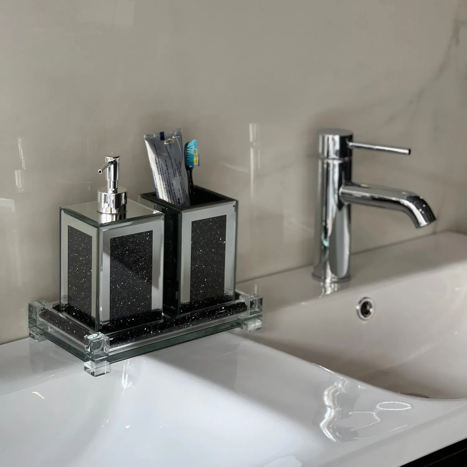 Square Soap Dispenser and Toothbrush Holder with Tray, Black Crushed Diamond Glass