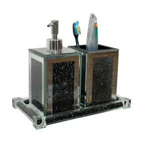 Square Soap Dispenser and Toothbrush Holder with Tray, Black Crushed Diamond Glass