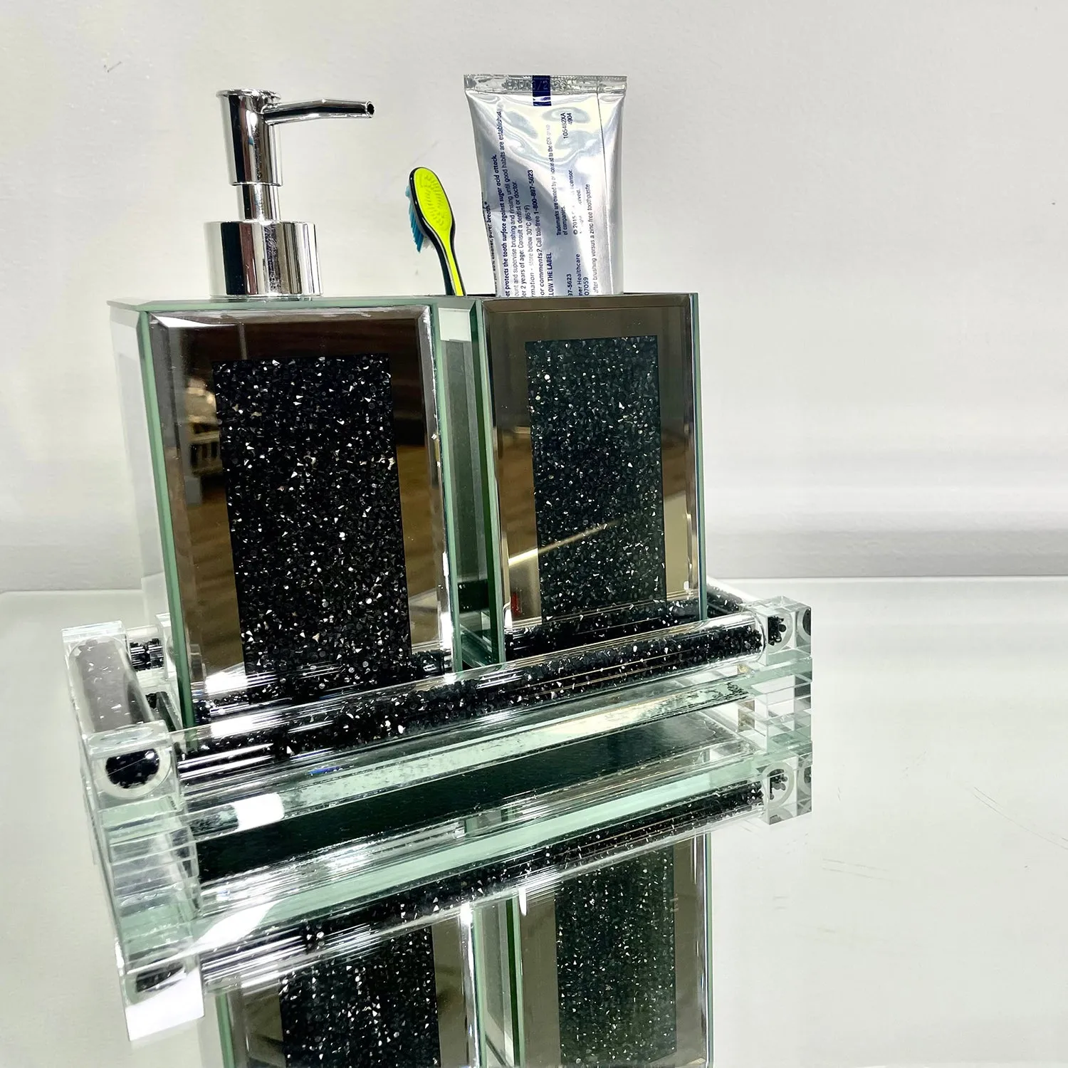 Square Soap Dispenser and Toothbrush Holder with Tray, Black Crushed Diamond Glass