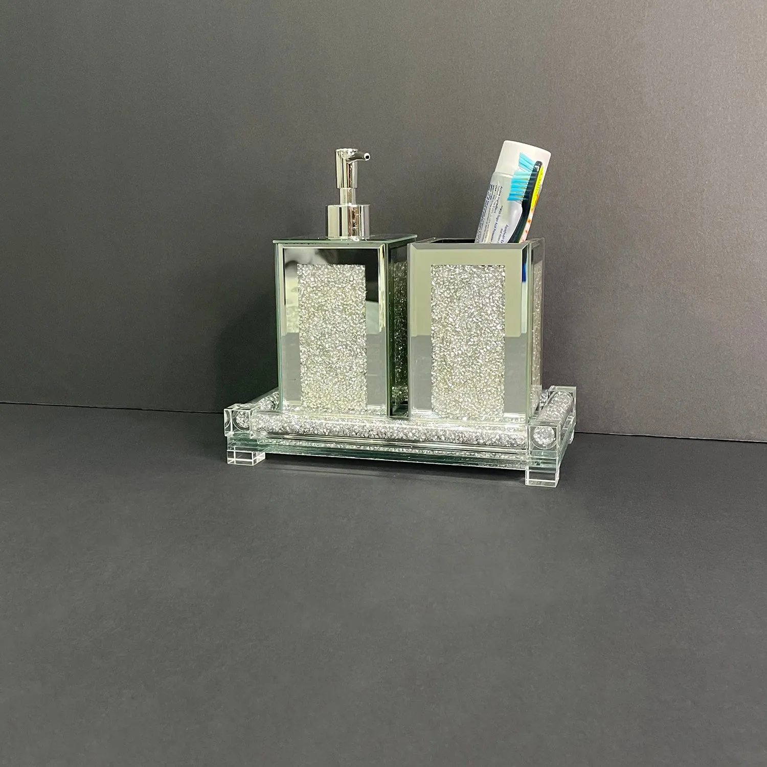 Square Soap Dispenser and Toothbrush Holder with Tray, Silver Crushed Diamond Glass