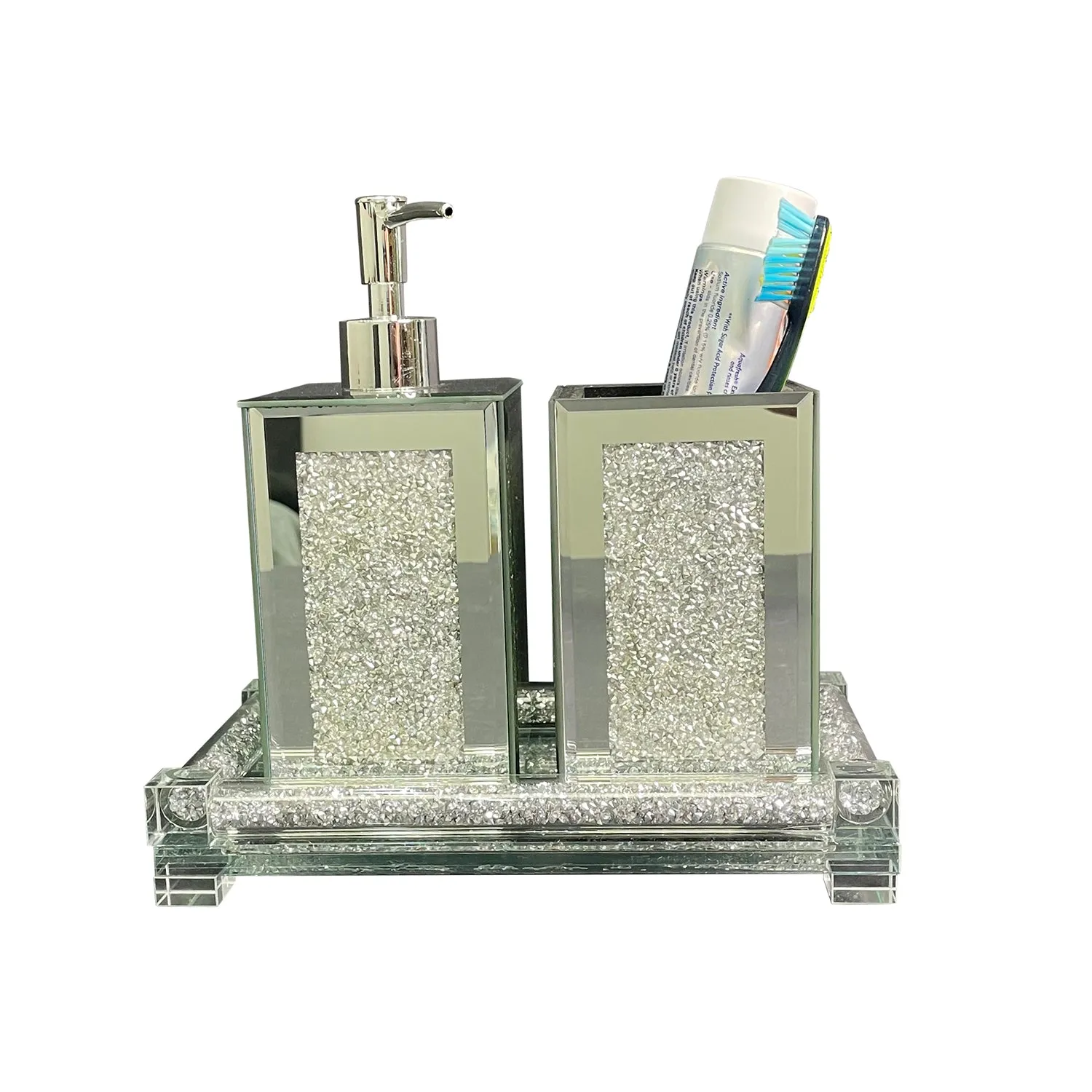 Square Soap Dispenser and Toothbrush Holder with Tray, Silver Crushed Diamond Glass