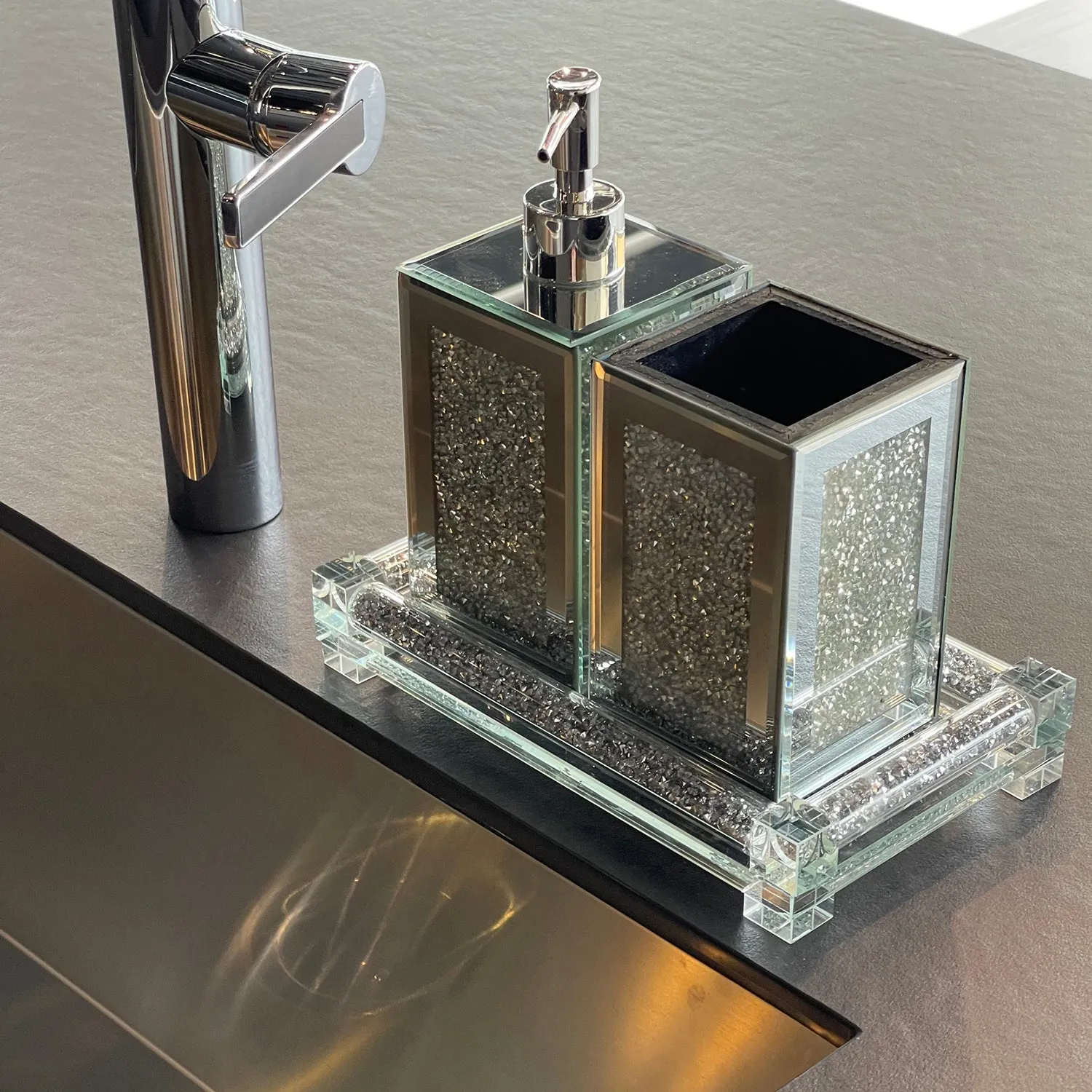 Square Soap Dispenser and Toothbrush Holder with Tray, Silver Crushed Diamond Glass