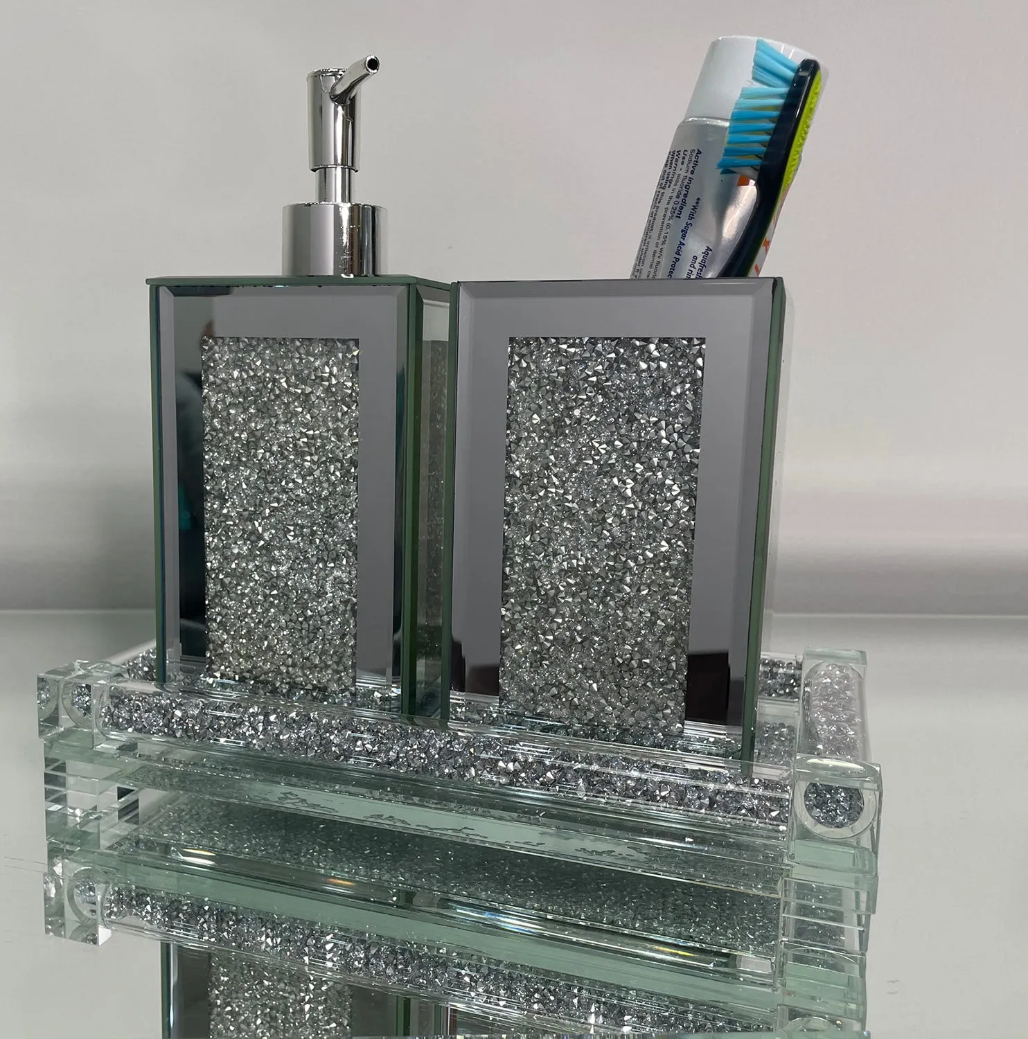 Square Soap Dispenser and Toothbrush Holder with Tray, Silver Crushed Diamond Glass