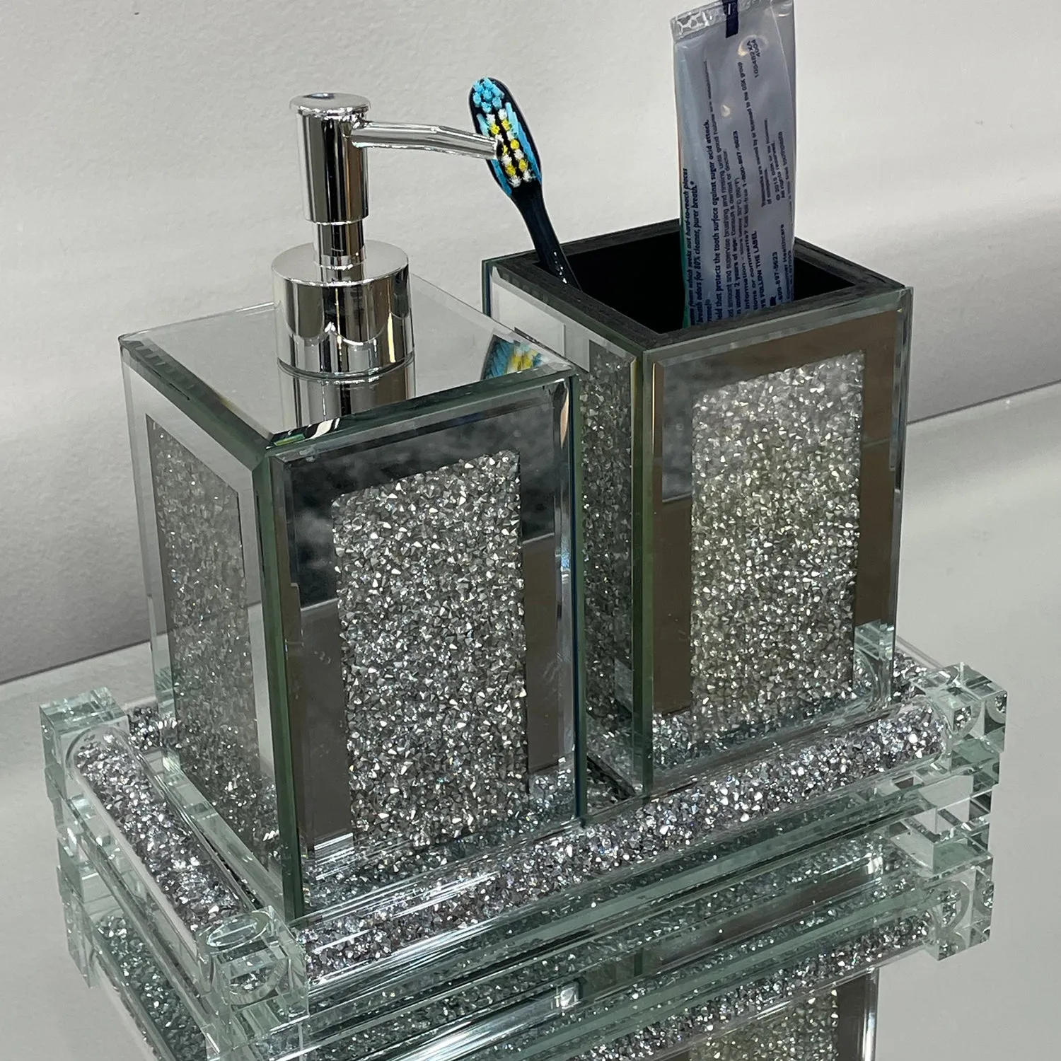 Square Soap Dispenser and Toothbrush Holder with Tray, Silver Crushed Diamond Glass