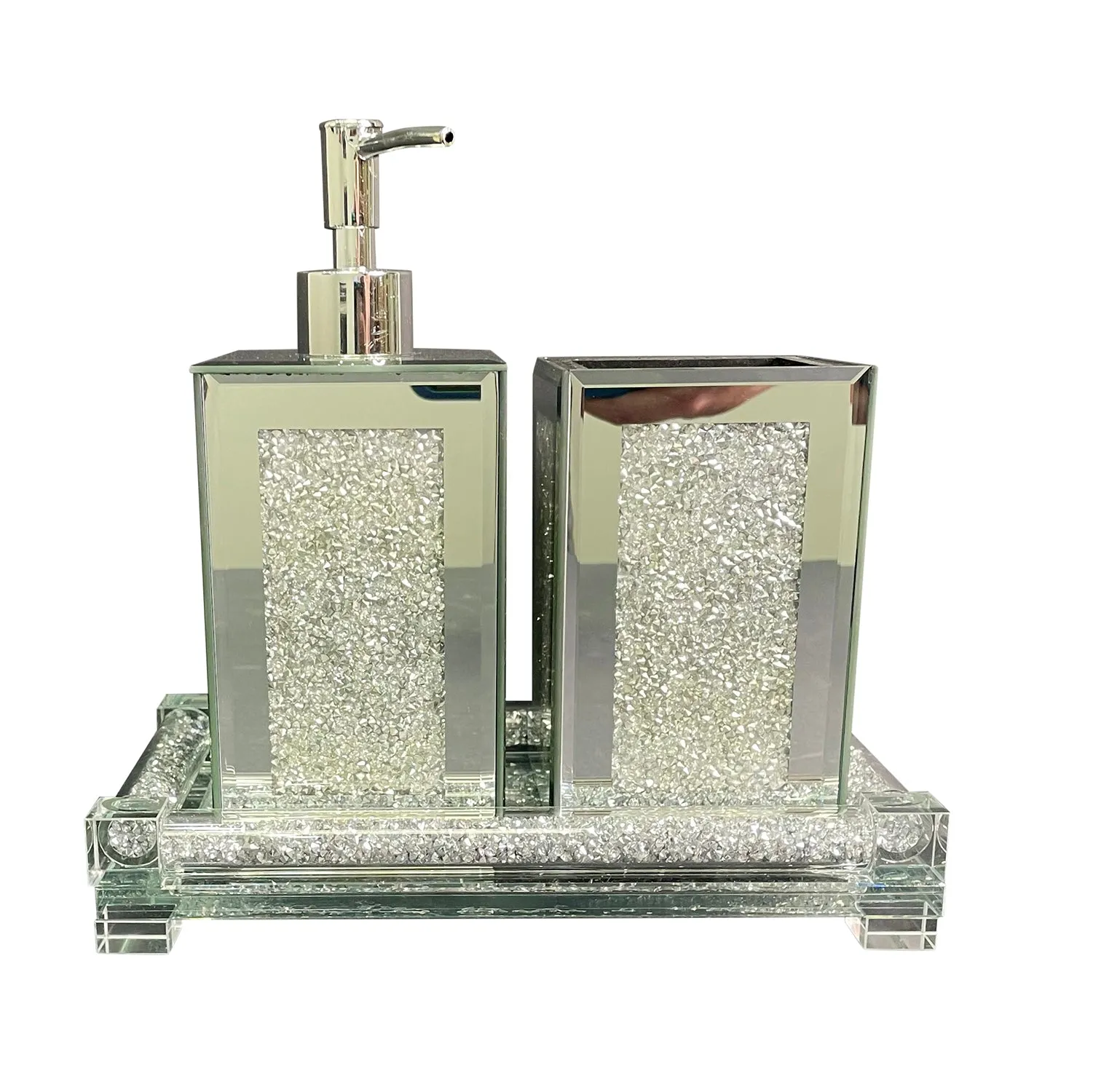 Square Soap Dispenser and Toothbrush Holder with Tray, Silver Crushed Diamond Glass