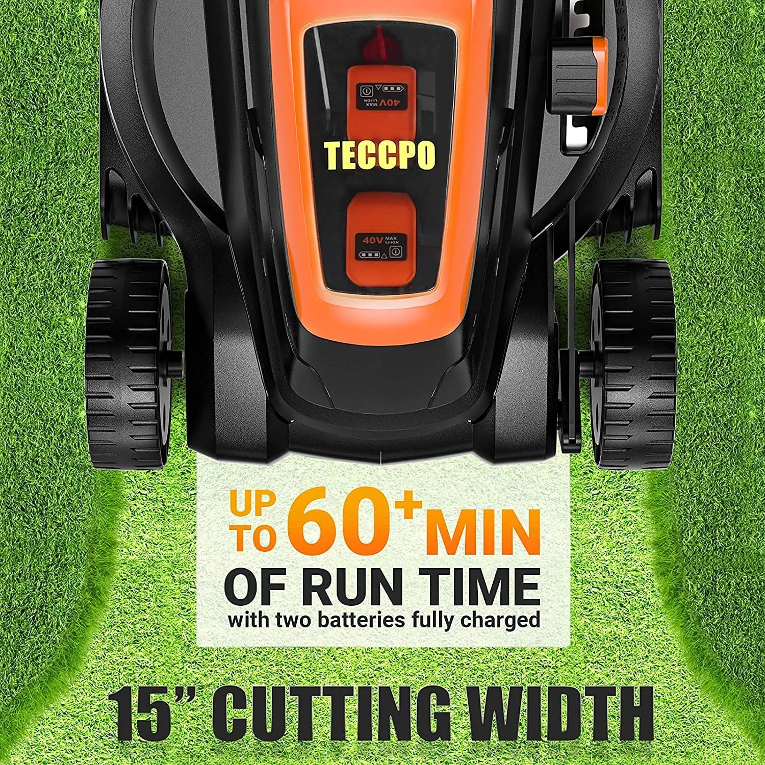 TECCPO 40V Cordless Lawn Mower, 15'' Brushless Lawn Mower with 4.0 Ah&2.5 Ah Batteries, 6 Mowing Heights, 10.6 Gal Grass Box, 3 Operation Heights, Charger Included - TDLM4065A