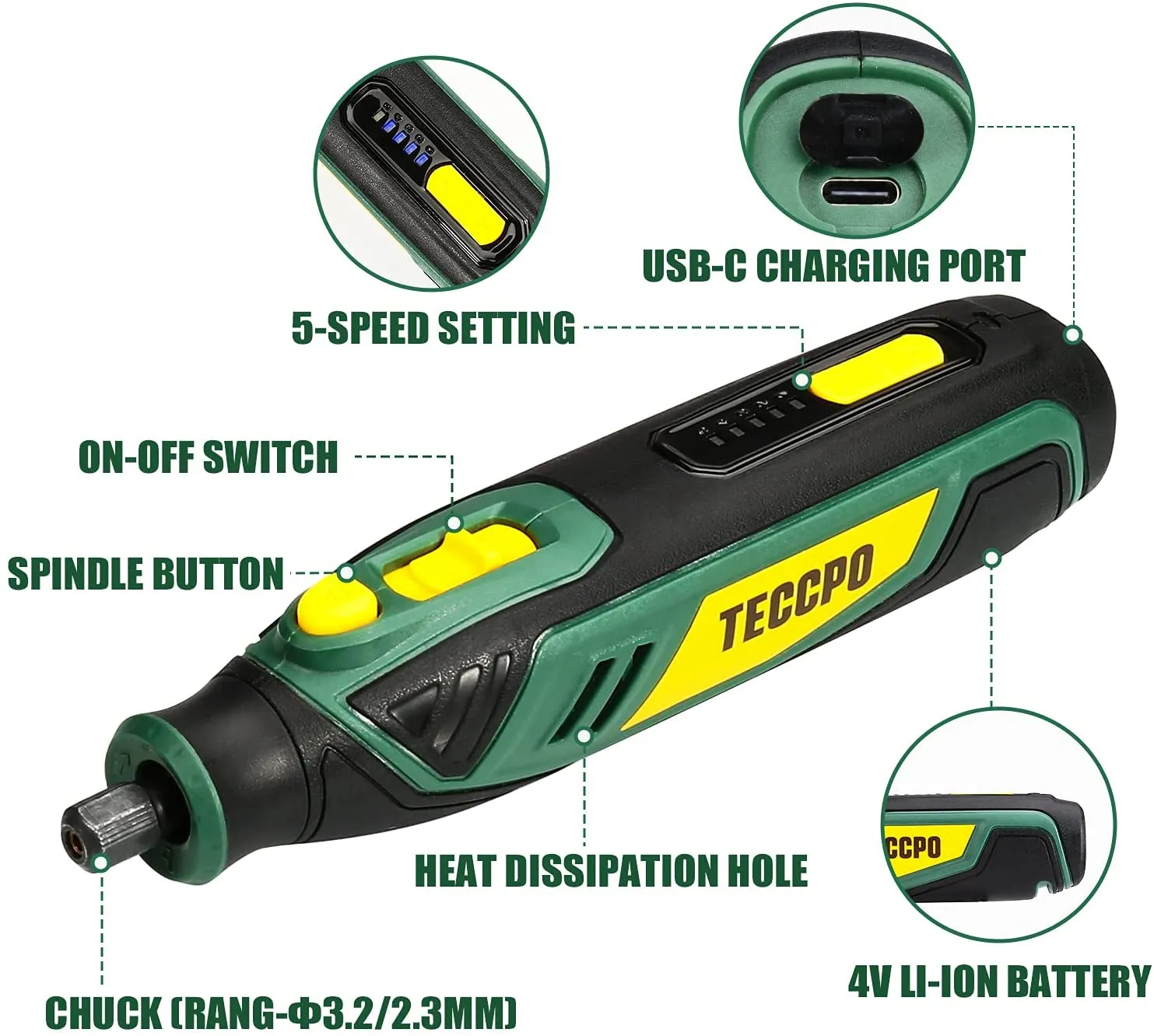 TECCPO 4V Cordless Rotary Tool, Carving and Sanding Rotary Tool Kit, Multi-Purpose Rotary Tool Kit, Perfect for use Wood, Metal, and Glass (53 Accessories) - TPRT02D