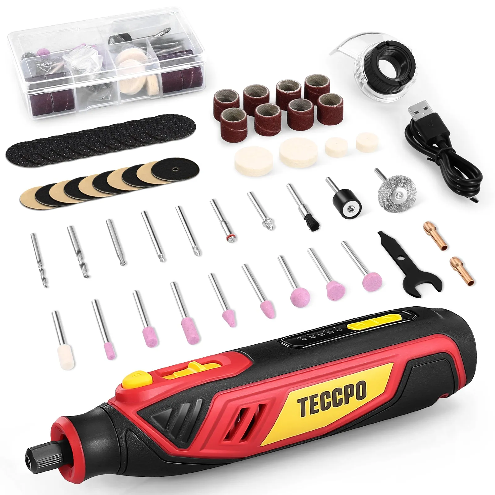 TECCPO 4V Cordless Rotary Tool, Carving and Sanding Rotary Tool Kit, Multi-Purpose Rotary Tool Kit, Perfect for use Wood, Metal, and Glass (53 Accessories) - TPRT02D