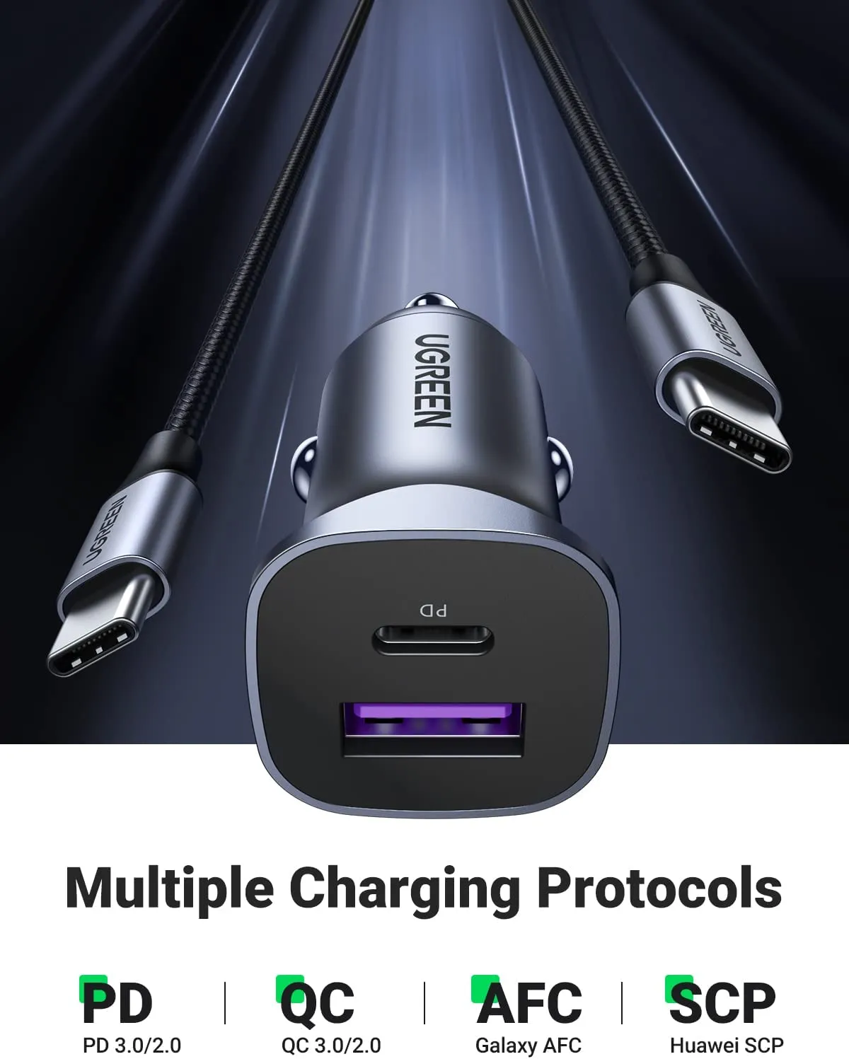 UGREEN 30W Car Charger with 60W USB C Cable PD&QC3.0 Fast Charge