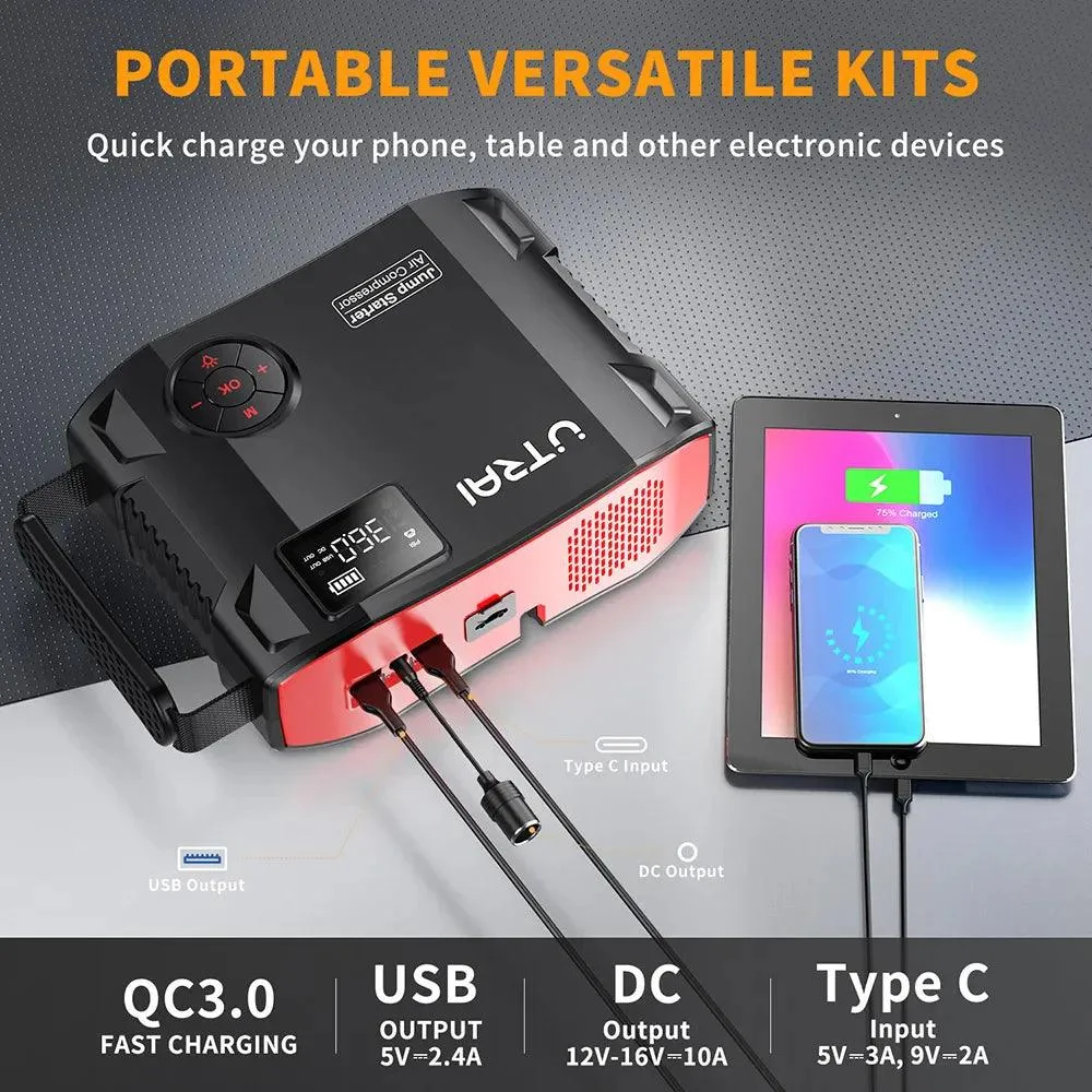 UTRAI 4-in-1 Emergency Jump Starter and Air Compressor with 2000A Power Bank and LED Light