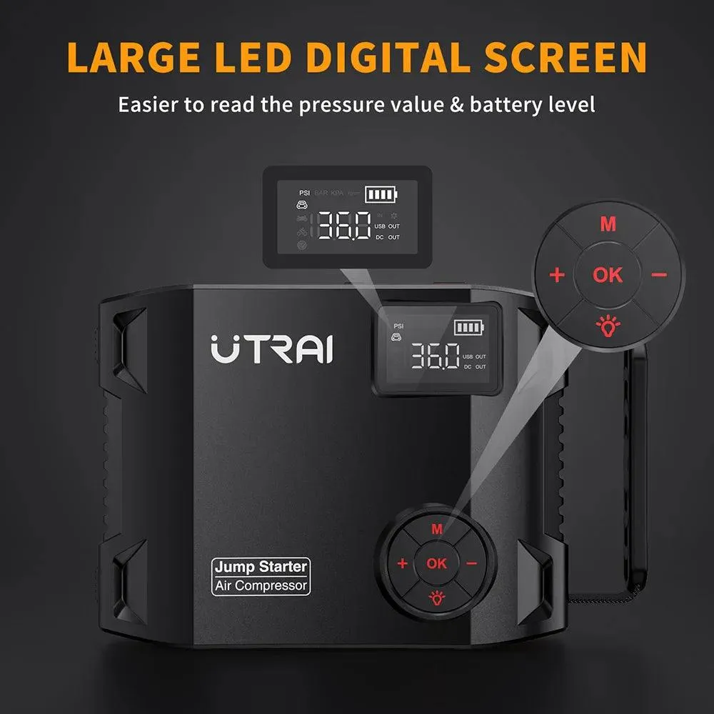 UTRAI 4-in-1 Emergency Jump Starter and Air Compressor with 2000A Power Bank and LED Light