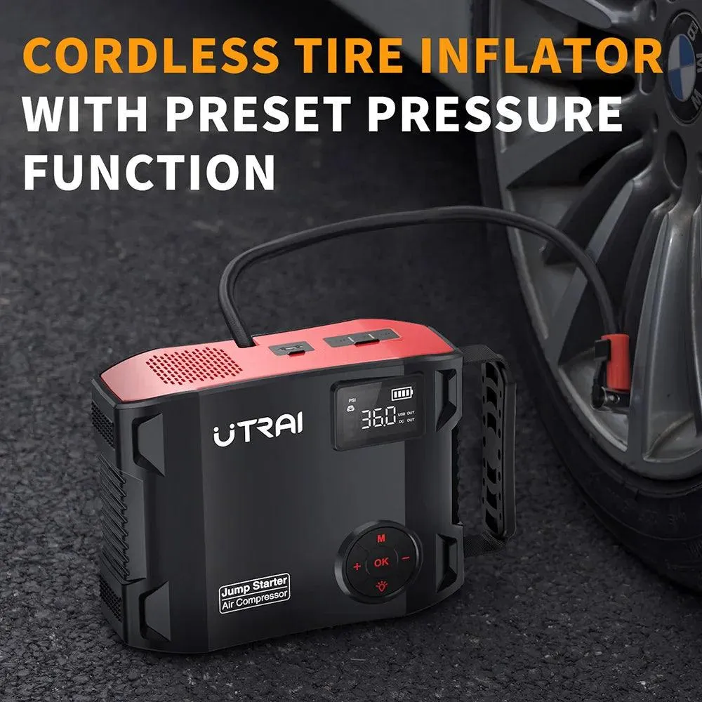 UTRAI 4-in-1 Emergency Jump Starter and Air Compressor with 2000A Power Bank and LED Light