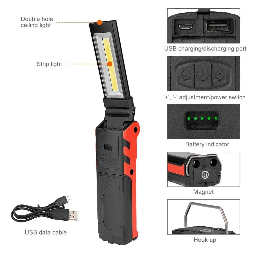 Versatile Dimmable COB LED Work Light - USB Rechargeable Folding Flashlight with Magnet, Hook, and Power Bank for Car Repairs