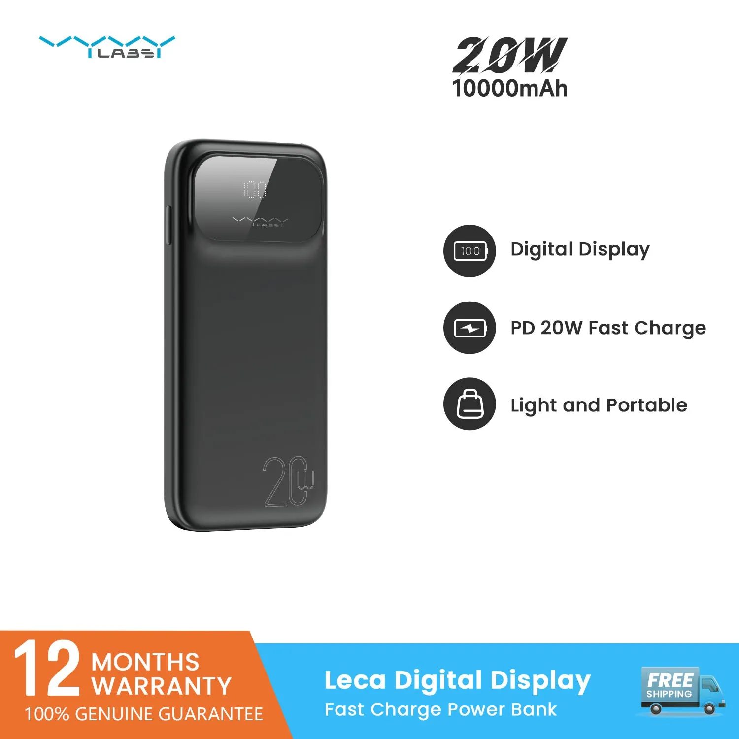 Vyvylabs Leca Digital Display Fast Charge Power Bank 10000mAh 20W - Black