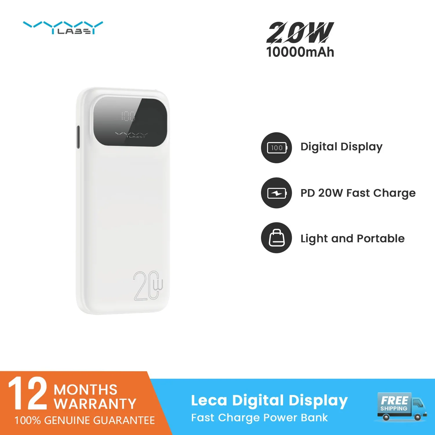 Vyvylabs Leca Digital Display Fast Charge Power Bank 10000mAh 20W - Black