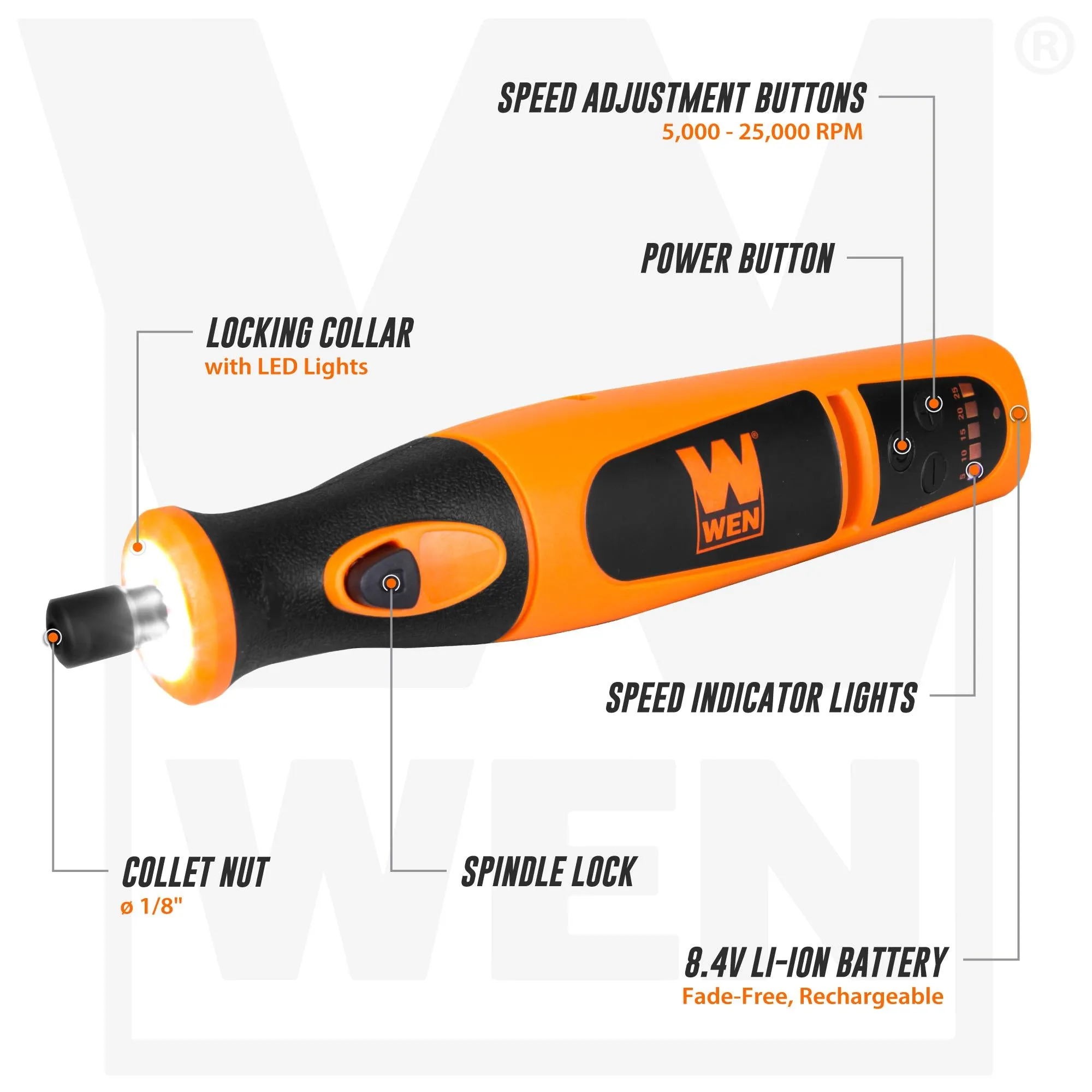 WEN 23072 Variable Speed Lithium-Ion Cordless Rotary Tool Kit with 24-Piece Accessory Set, Charger, and Carrying Case